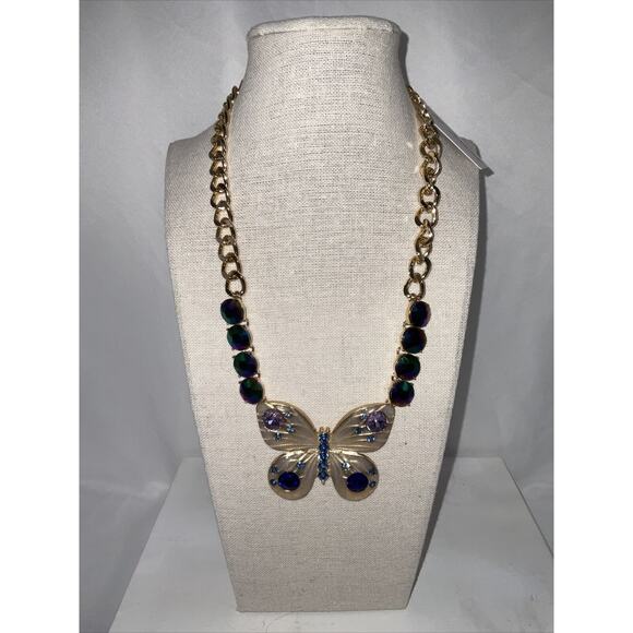 Betsey Johnson Gold Tone Blue/Purple & Iridescent Rhinestone Butterfly Necklace - Picture 3 of 8